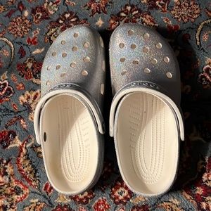 Silver sparkly crocs. Like new.